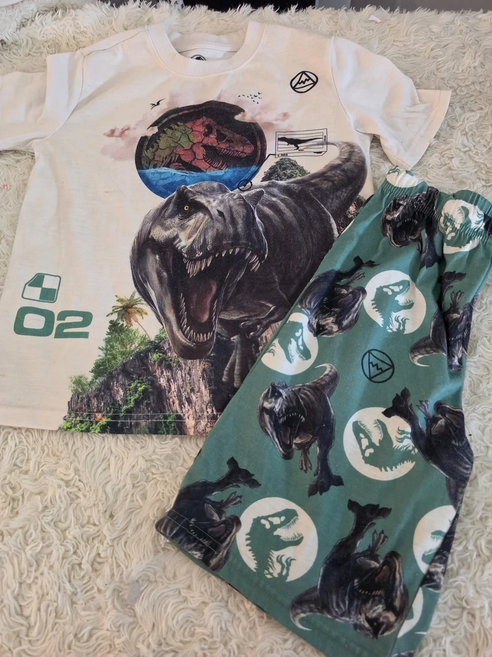 Kids Dinosaur Pajama Set - Teal & White T-Rex Sleepwear